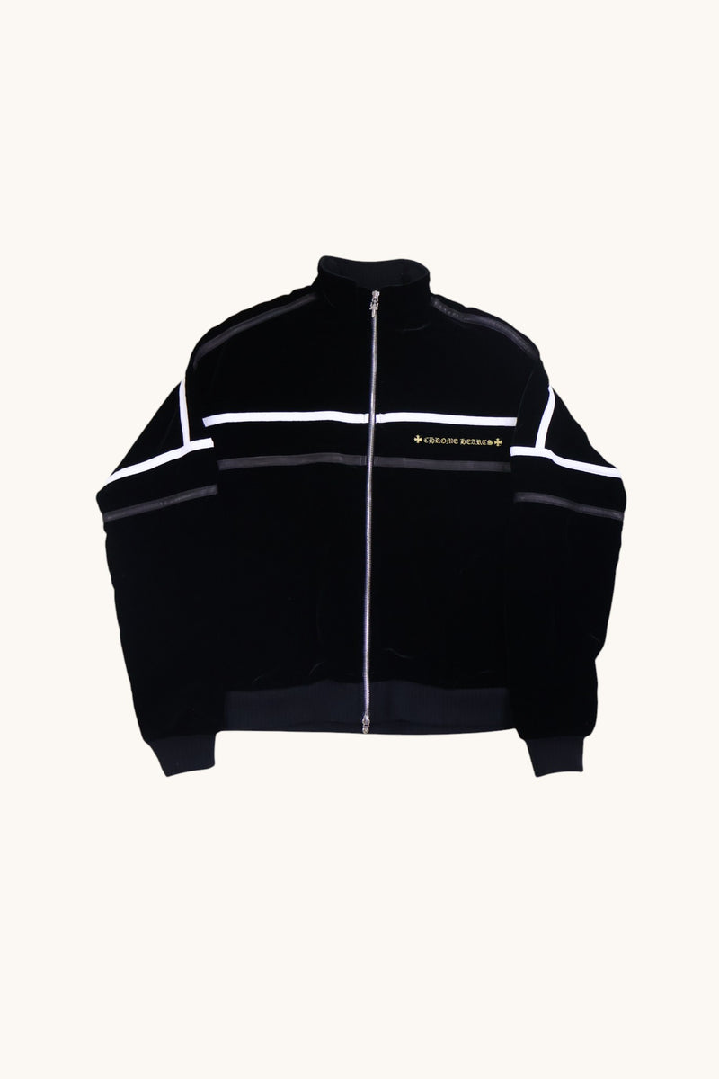 Embroidered Leather Velvet Track Zip Up Jacket
