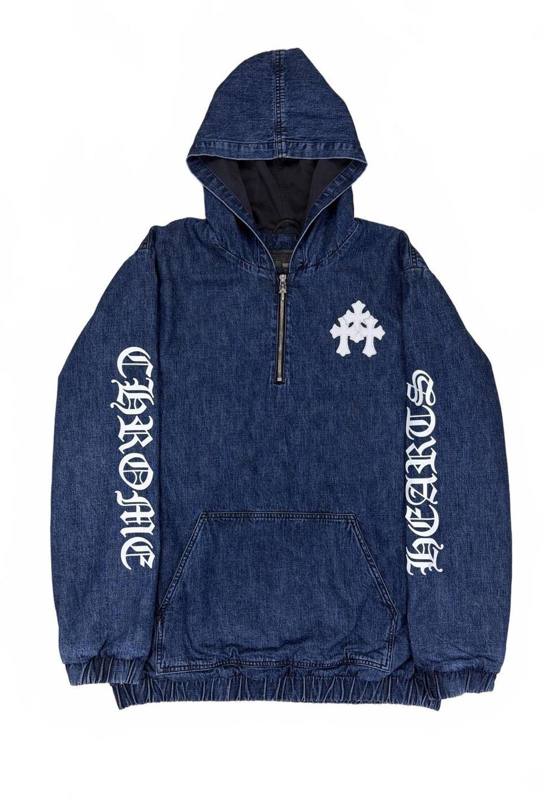 Chrome Heart Denim Anorak White Cross Patch Zip Hoodie