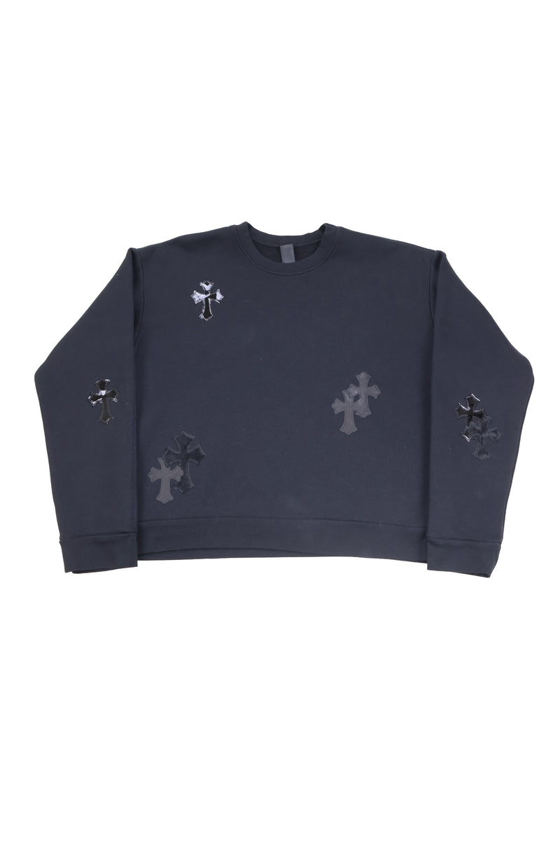 Black Pony Hair Patent Leather Cross Patch Crewneck