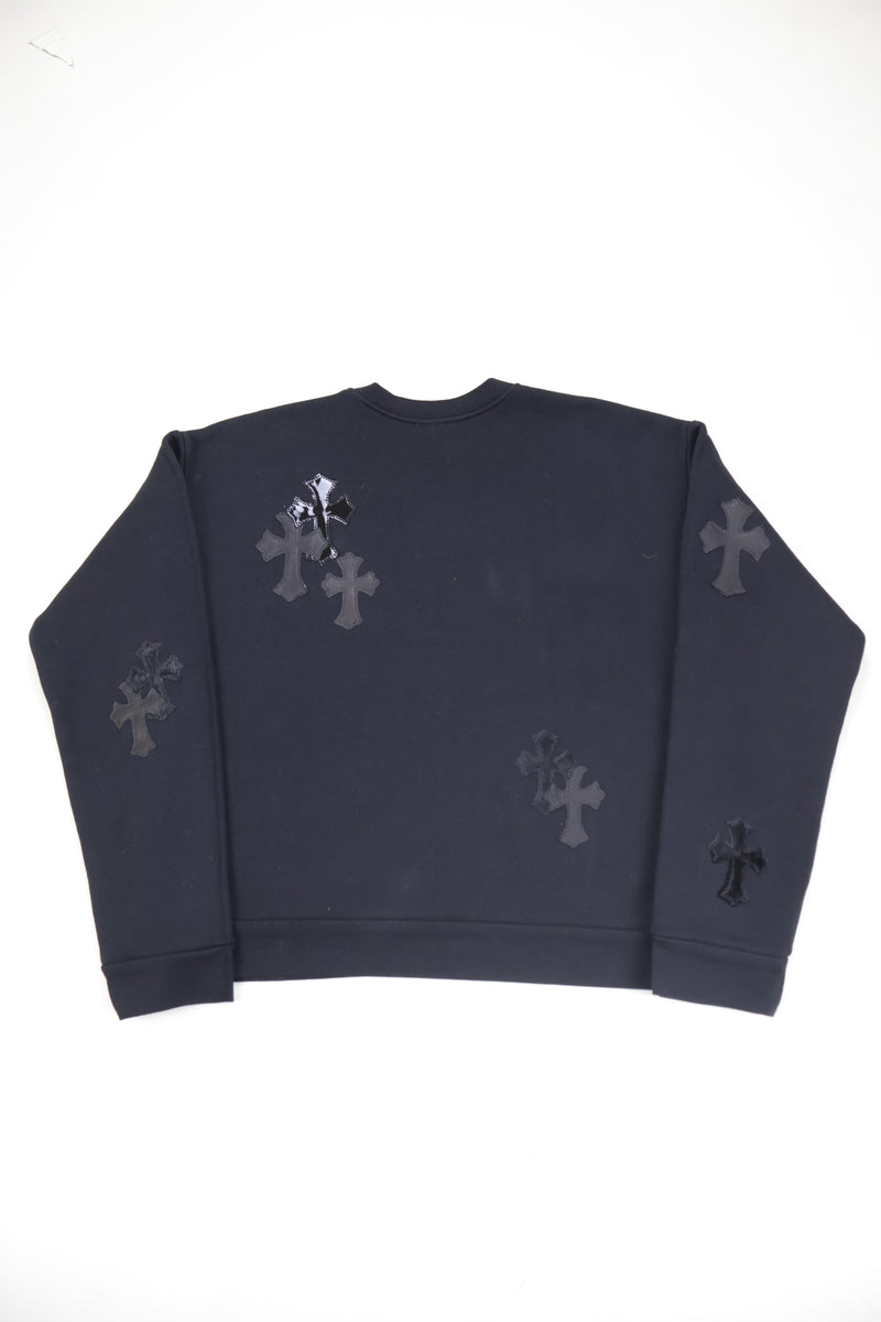 Black Pony Hair Patent Leather Cross Patch Crewneck
