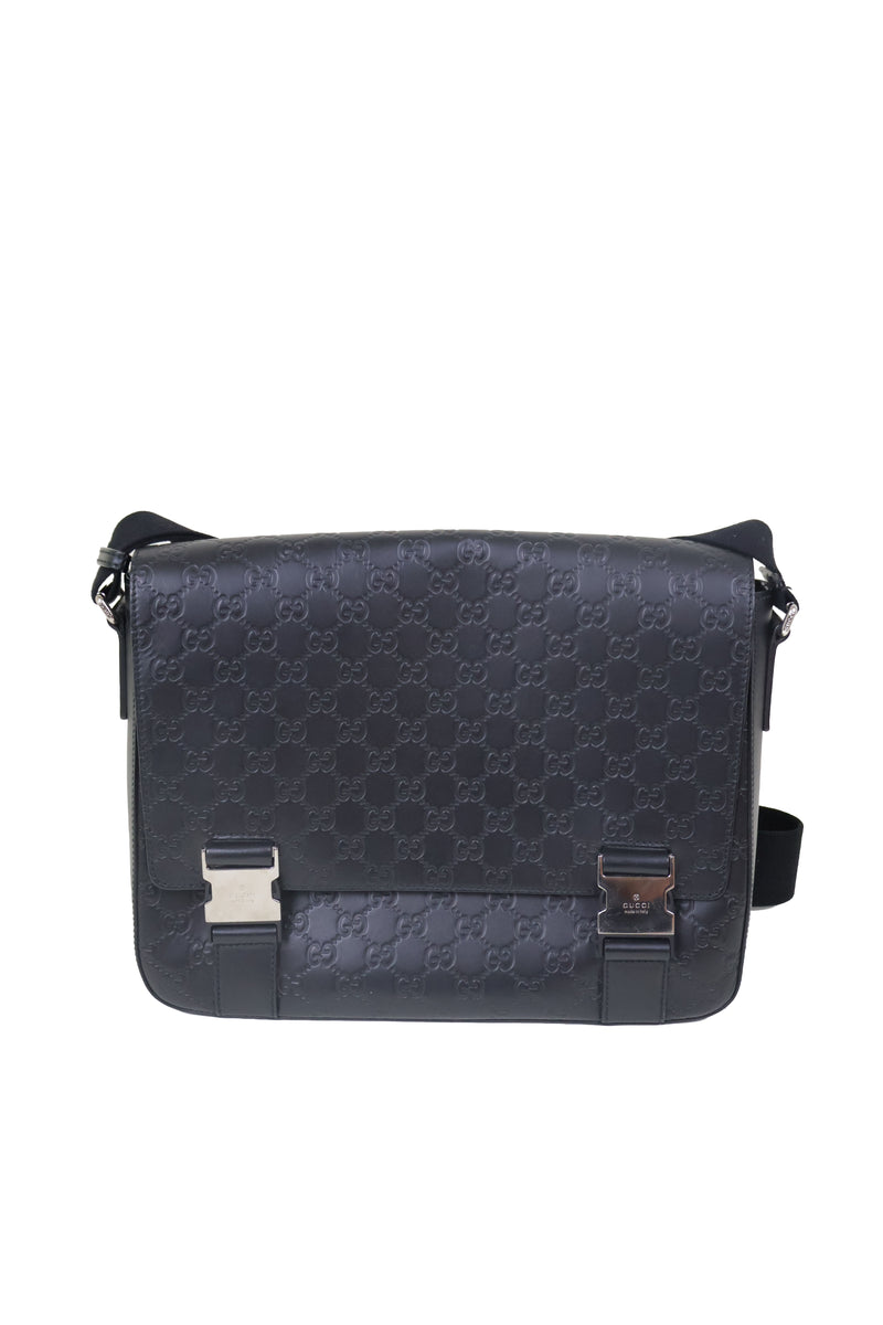 Black Embossed Leather Messenger Bag