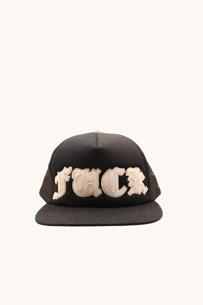 Fuck White Leather Patch Trucker Hat