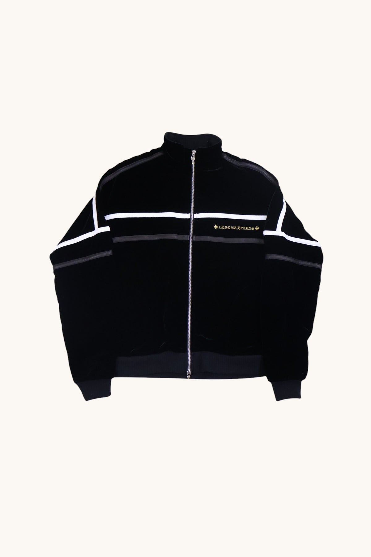 Embroidered Leather Velvet Track Zip Up Jacket