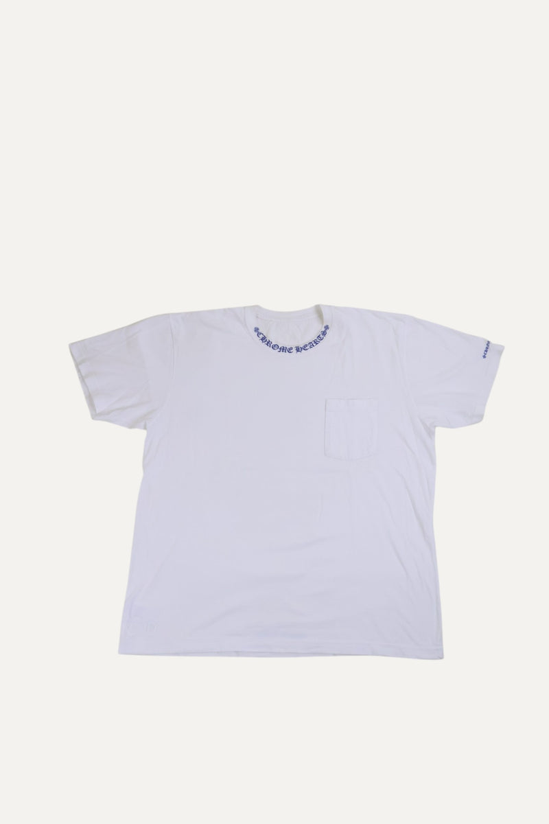 White & Blue Neck Logo T Shirt