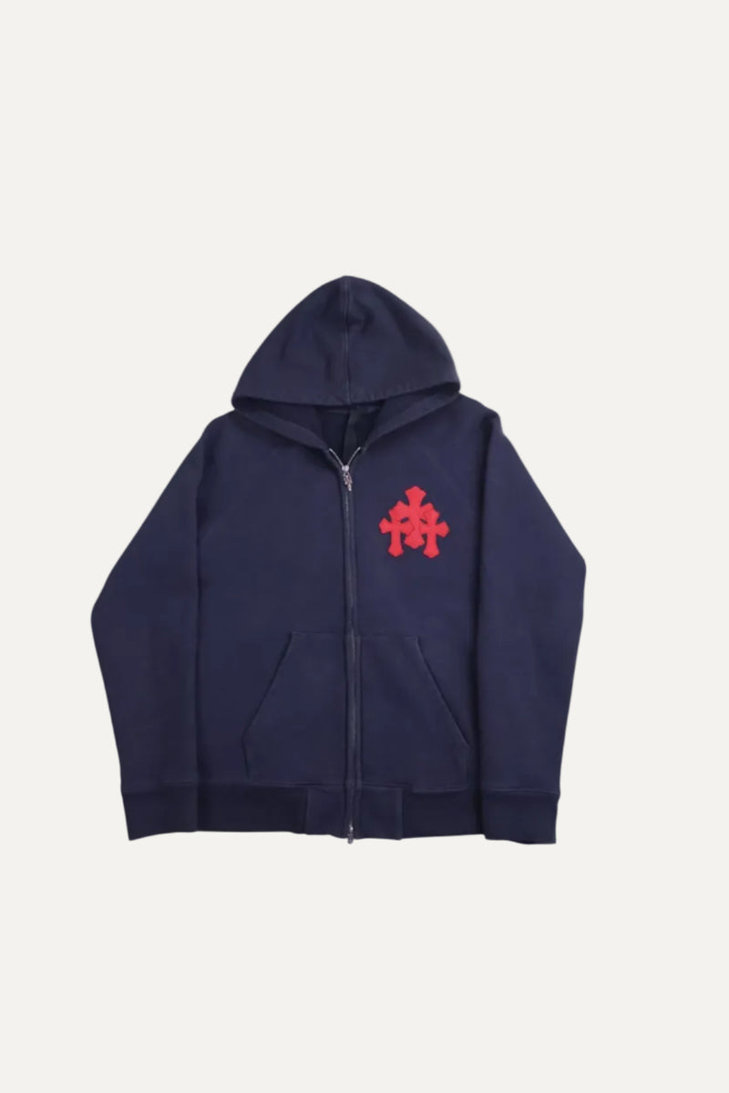 Paper Jam Leather Triple Cross Navy Patch Zip Up Hoodie