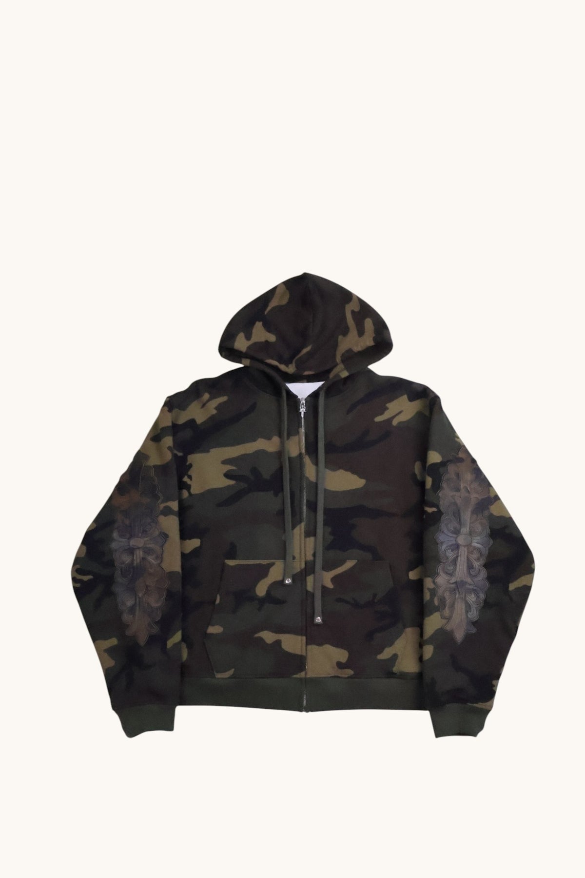 CAMO LEATHER HORSESHOE FLORAL PATCH ZIP UP HOODIE