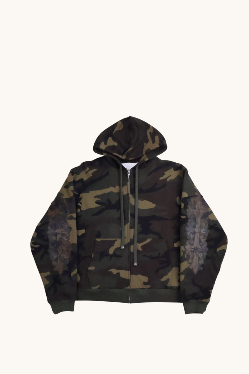 CAMO LEATHER HORSESHOE FLORAL PATCH ZIP UP HOODIE