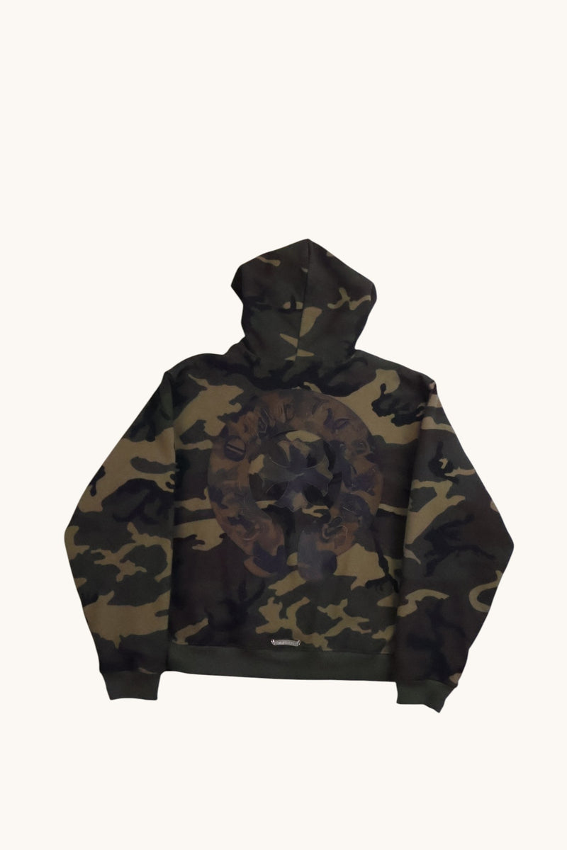 CAMO LEATHER HORSESHOE FLORAL PATCH ZIP UP HOODIE