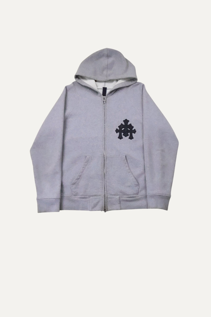 Paper Jam Leather Triple Cross Patch Grey Zip Up Hoodie