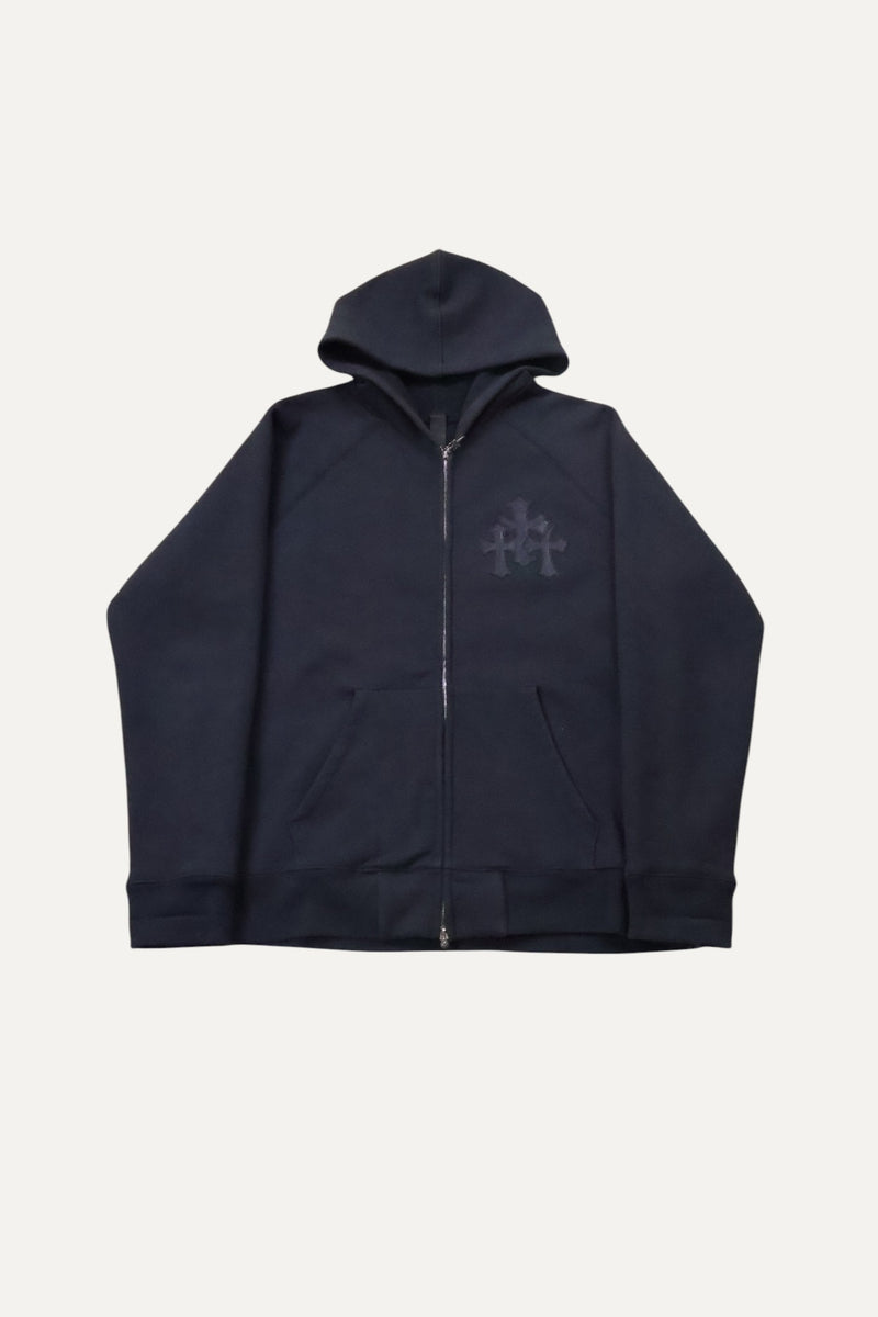 Paper Jam Leather Triple Cross Black Patch Zip Up Hoodie