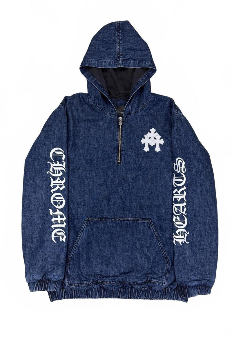 Chrome Heart Denim Anorak White Cross Patch Zip Hoodie